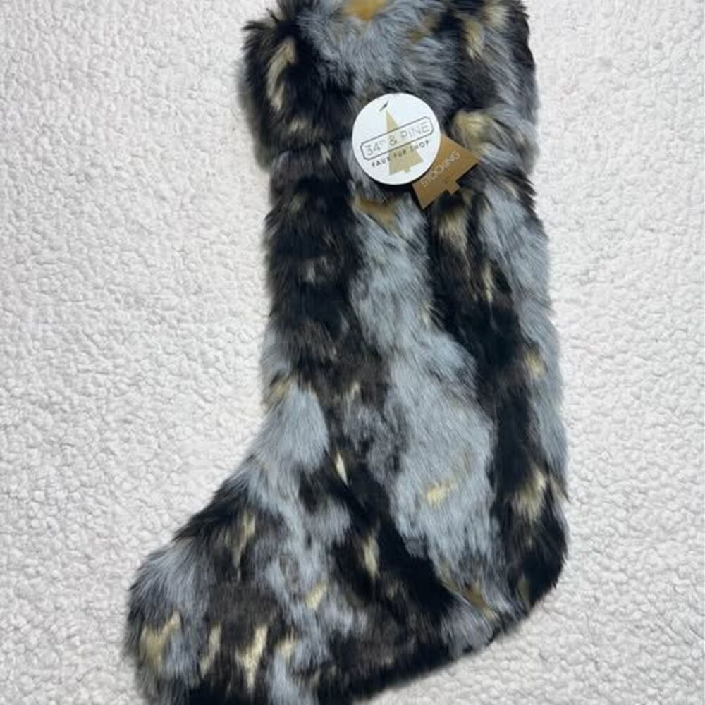NEW 34th & Pine Faux Fur Christmas Stocking - Luxury Gray & Gold